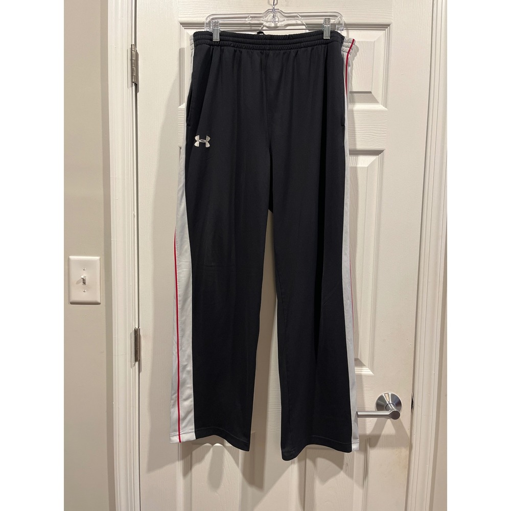Under Armour Mens XL Black Track Pants White Side Stripe Red Piping Athletic